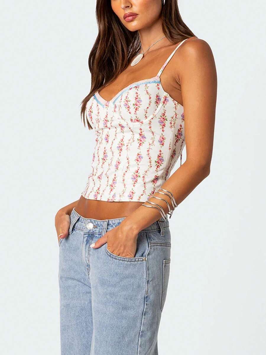 Cami Top Lace - Women Floral Print Tie Strap V