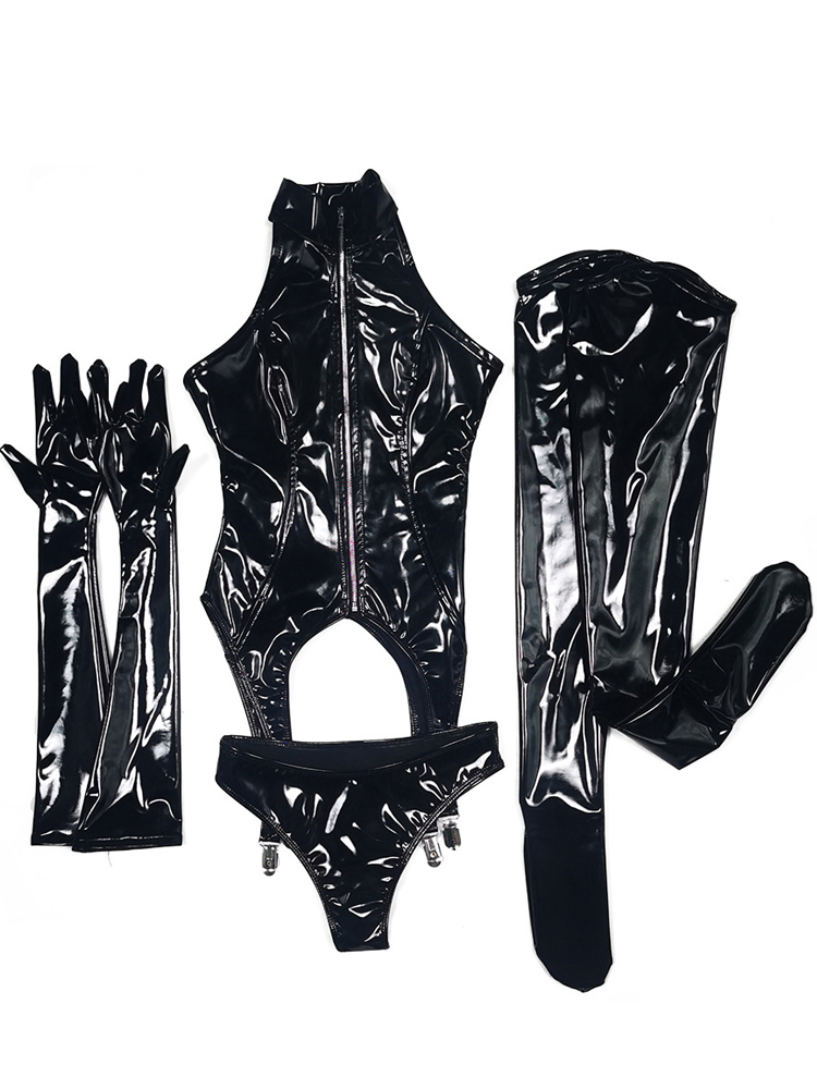 4PCS/SET Wet Look PVC Catsuit  - Garter Belt Set avaliação e preço