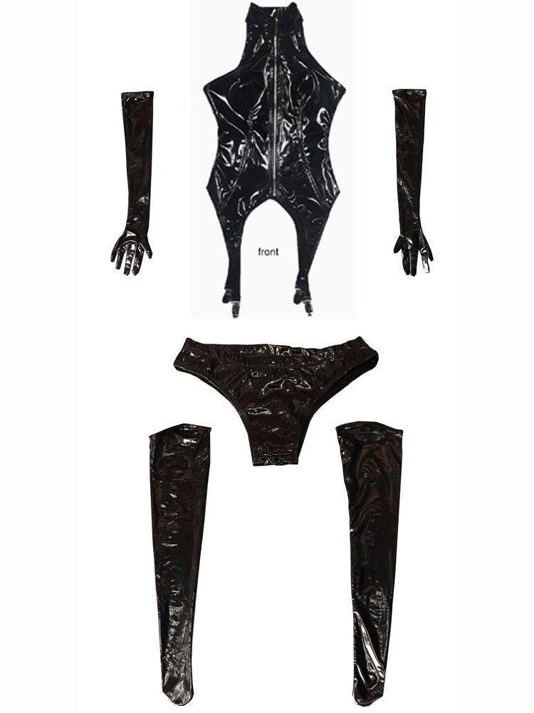 4PCS/SET Wet Look PVC Catsuit  - Garter Belt Set avaliação e preço