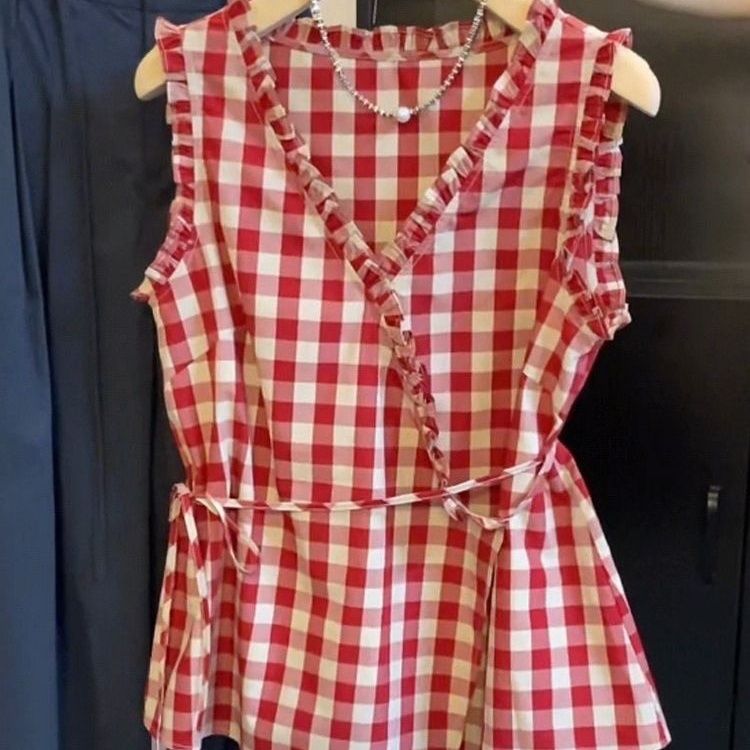 Retro Red Plaid Sleeveless Ves - Corset Waist Cinch avaliação e preço